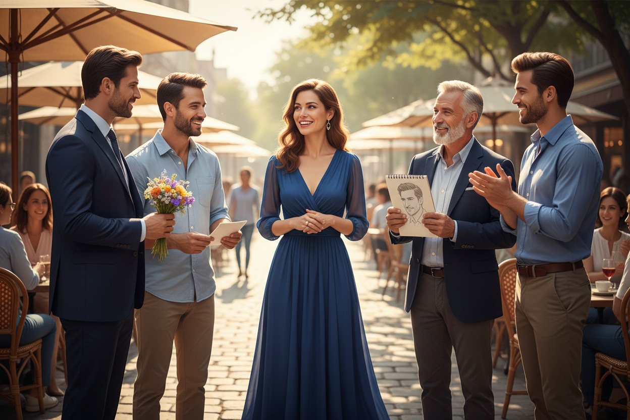 une femme se fait complimenter par des hommes